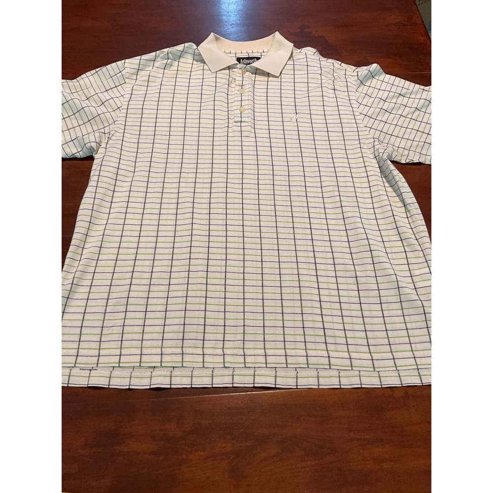 Ashworth Mens Medium Polo Shirt Double Mercerized Cotton White Plaid Golf Tee